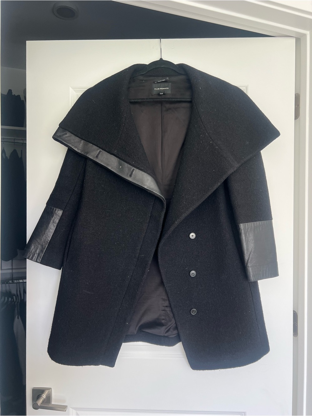 Club Monaco Black Wool Leather-Trim Coat